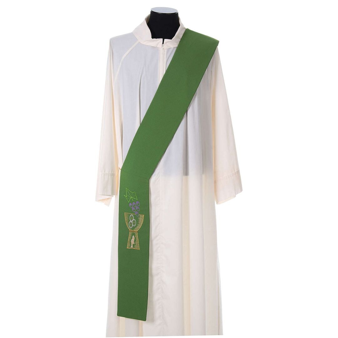 Deacon stole with chalice grapes hosts and fish design on green. Made in Italy and sold by The Clergy Store