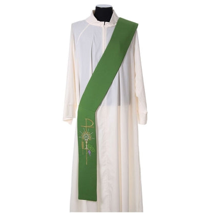 Deacon stole with chalice grapes hosts and ihs design on green. Made in Italy and sold by The Clergy Store