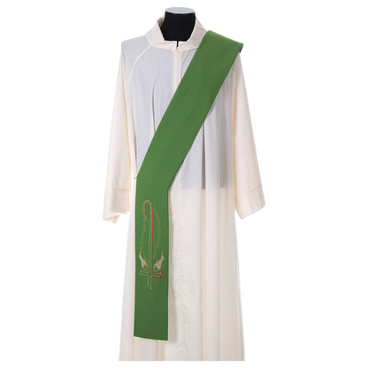 Deacon stole with cross and fish design on green. Made in Italy and sold by The Clergy Store