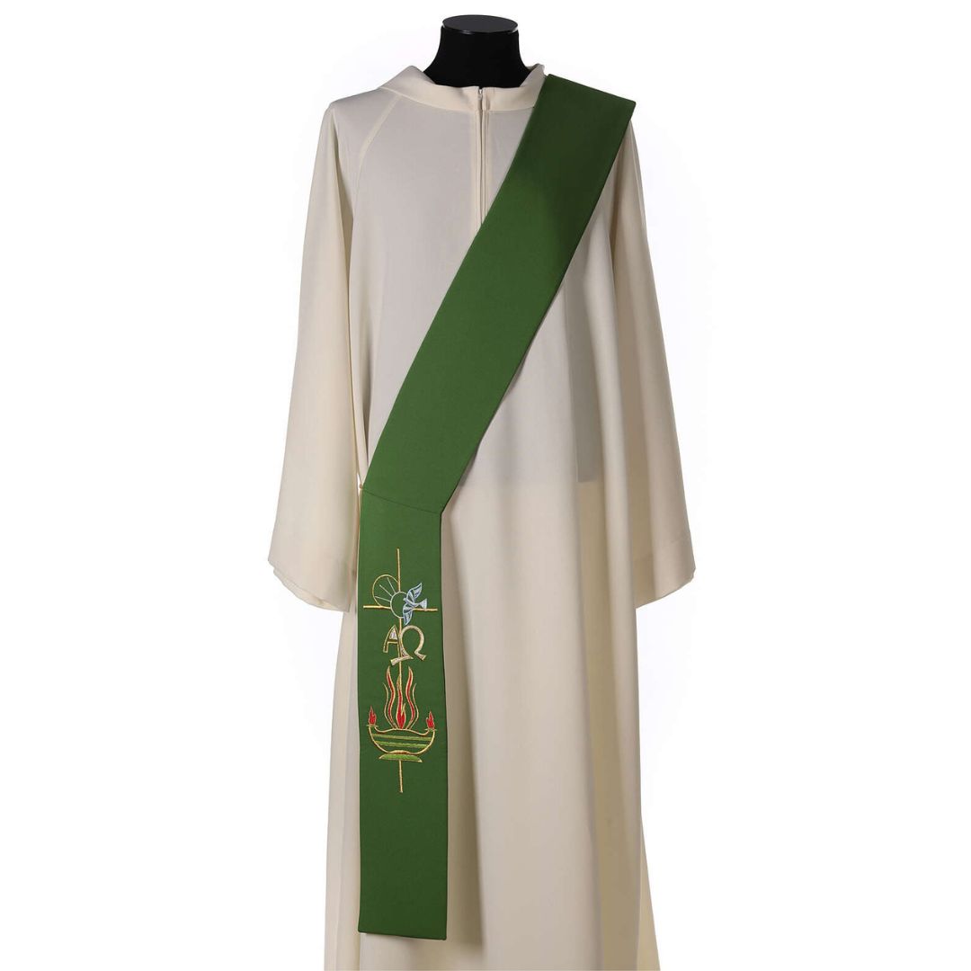 Deacon stole with Alpha & Omega design on green. Made in Italy and sold by The Clergy Store