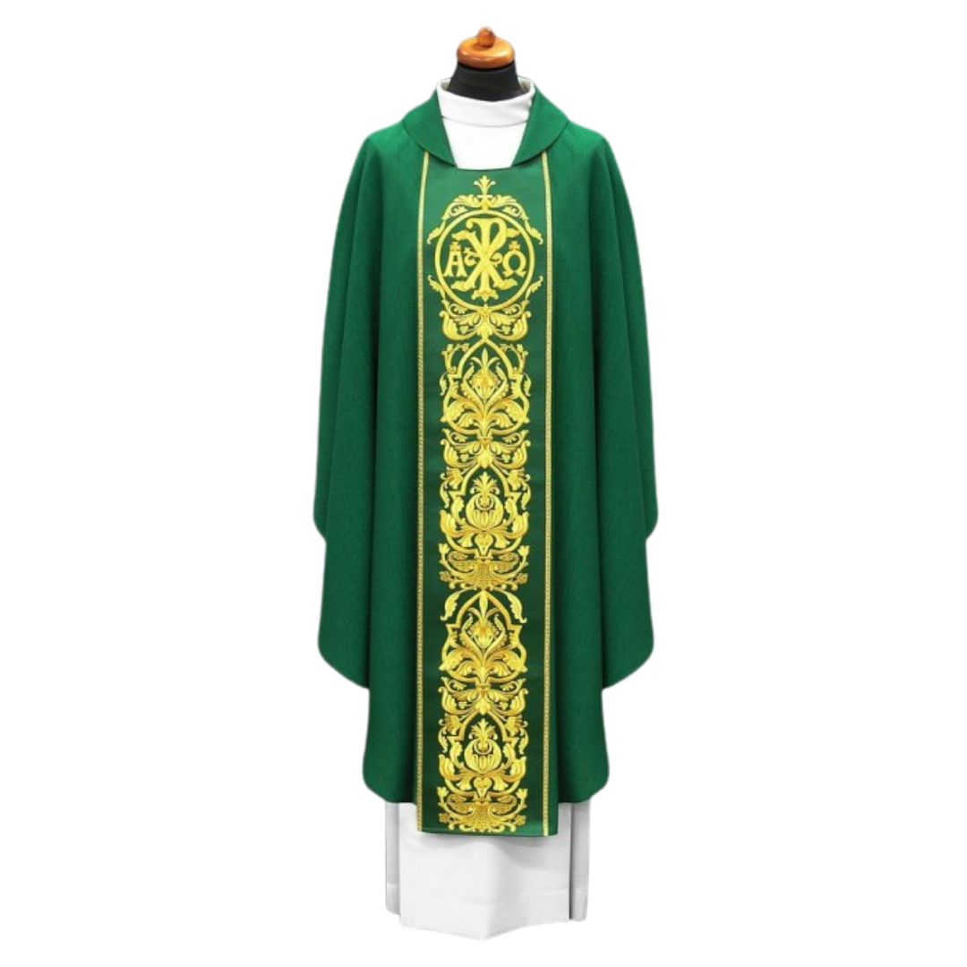 Chasuble with chi rho and alpha omega Made in Poland and sold by The Clergy Store