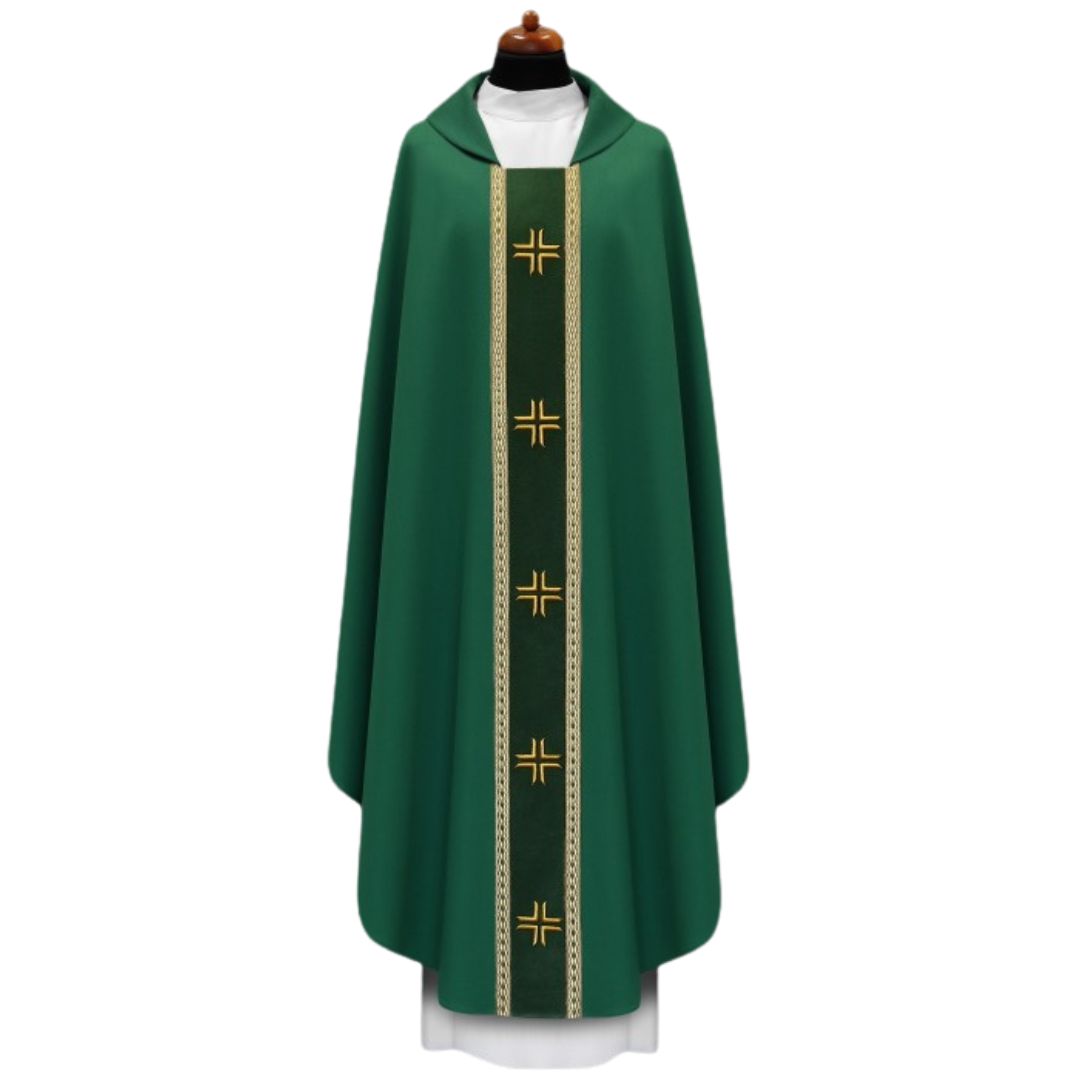 Chasuble with embroidered cross on velvet orphrey and trimmed in galloon. Made in Poland and sold by The Clergy Store