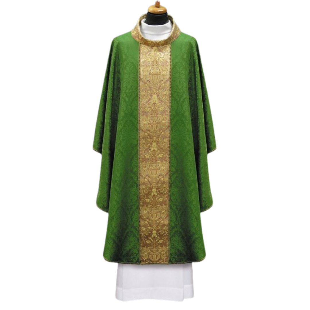 Chasuble with brocade orphrey on lightweight damask. Made in Poland and sold by The Clergy Store