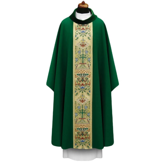 Chasuble with classic coronation orphrey. Made in Poland and sold by The Clergy Store