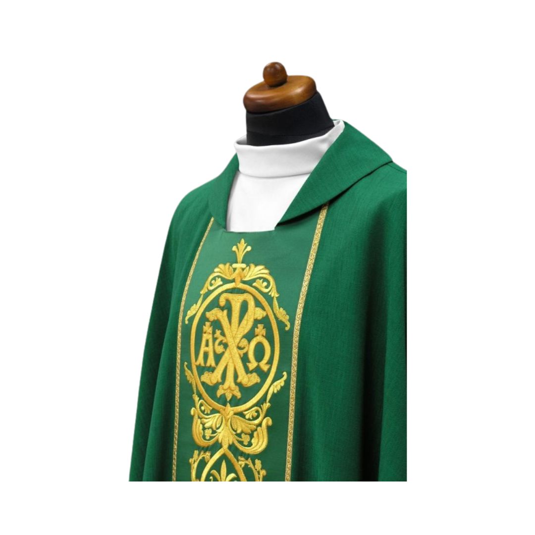 Chasuble with chi rho and alpha omega Made in Poland and sold by The Clergy Store