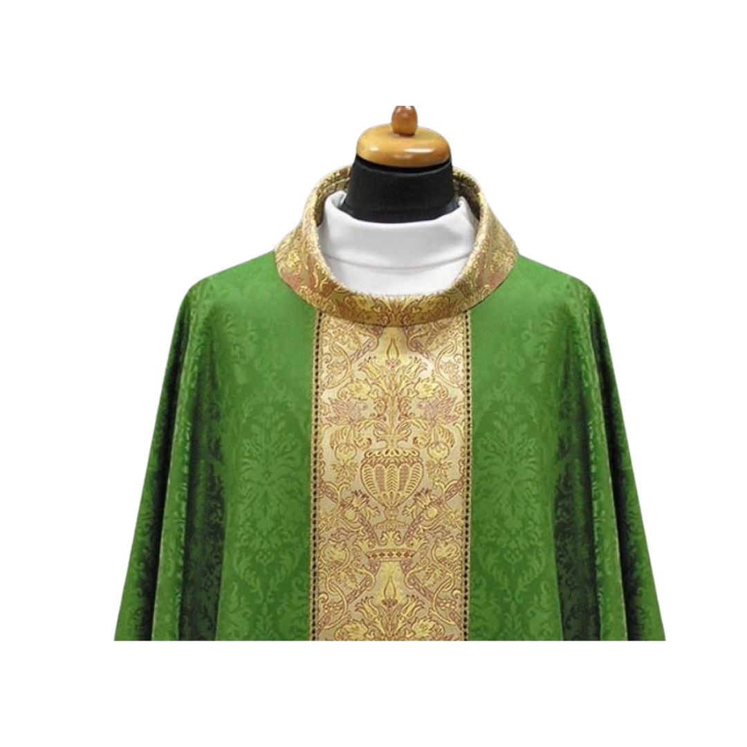 Chasuble with brocade orphrey on lightweight damask. Made in Poland and sold by The Clergy Store