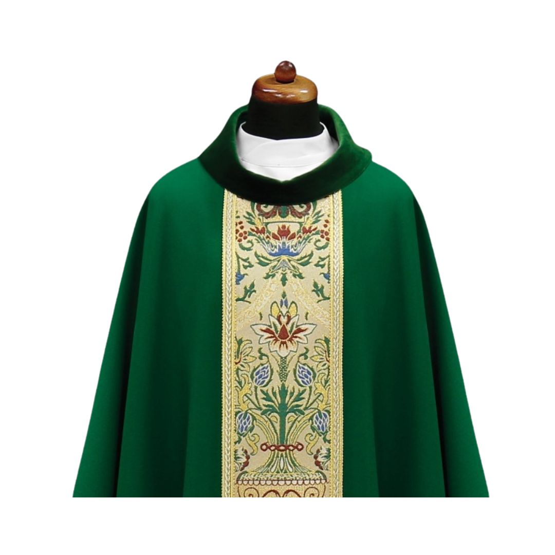 Chasuble with classic coronation orphrey. Made in Poland and sold by The Clergy Store