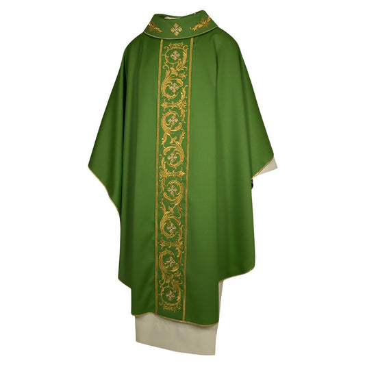 Gothic chasuble with gold thread filigree orphrey made in Italy and sold by The Clergy Store