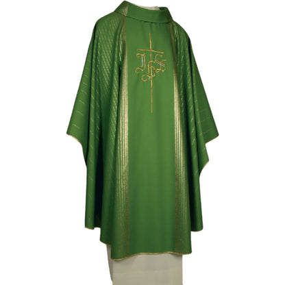 Clergy chasuble with IHS embroidery on lightweight wool with gold lurex. Made in Italy and sold by The Cergy Store