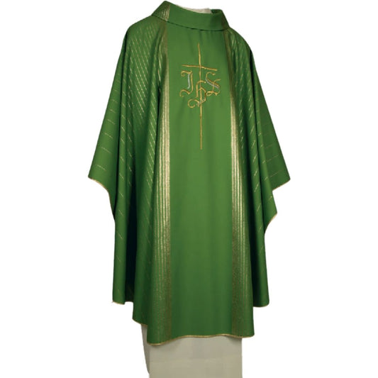 Clergy chasuble with IHS embroidery on lightweight wool with gold lurex. Made in Italy and sold by The Cergy Store