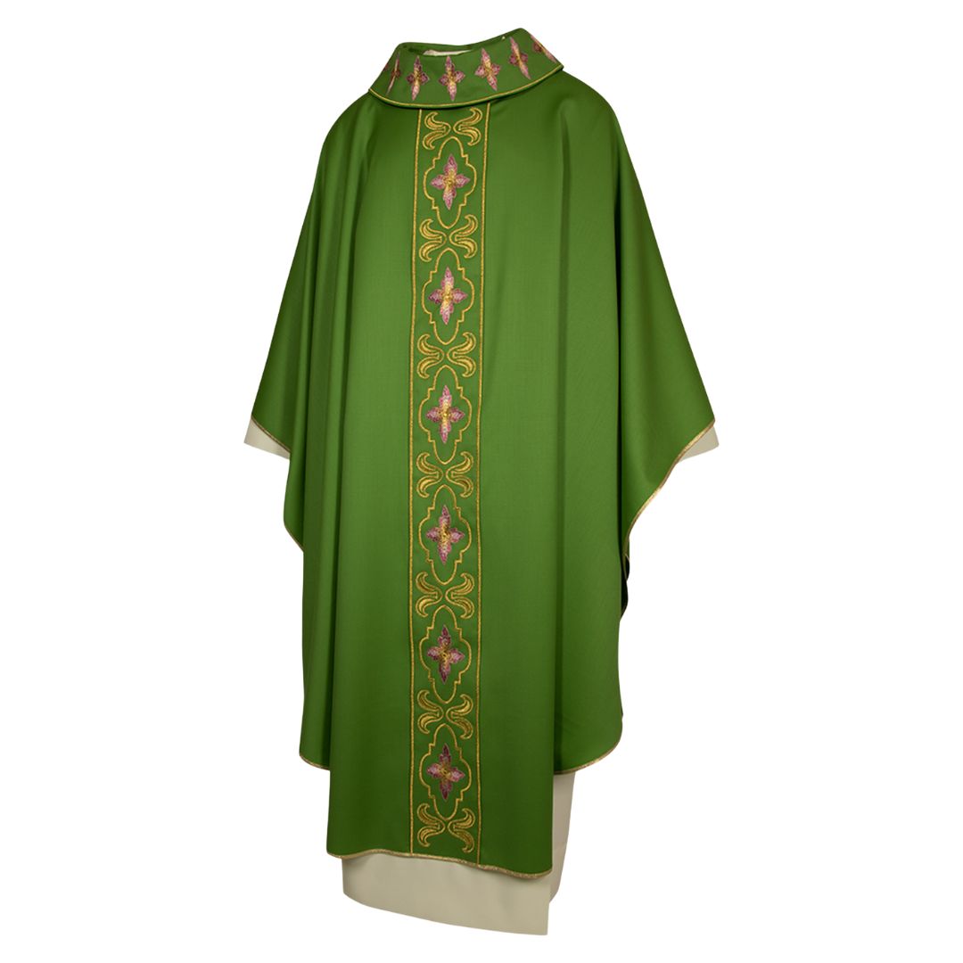 Gothic chasube with embroidery pure green wool made in Italy and sold by The Clergy Store