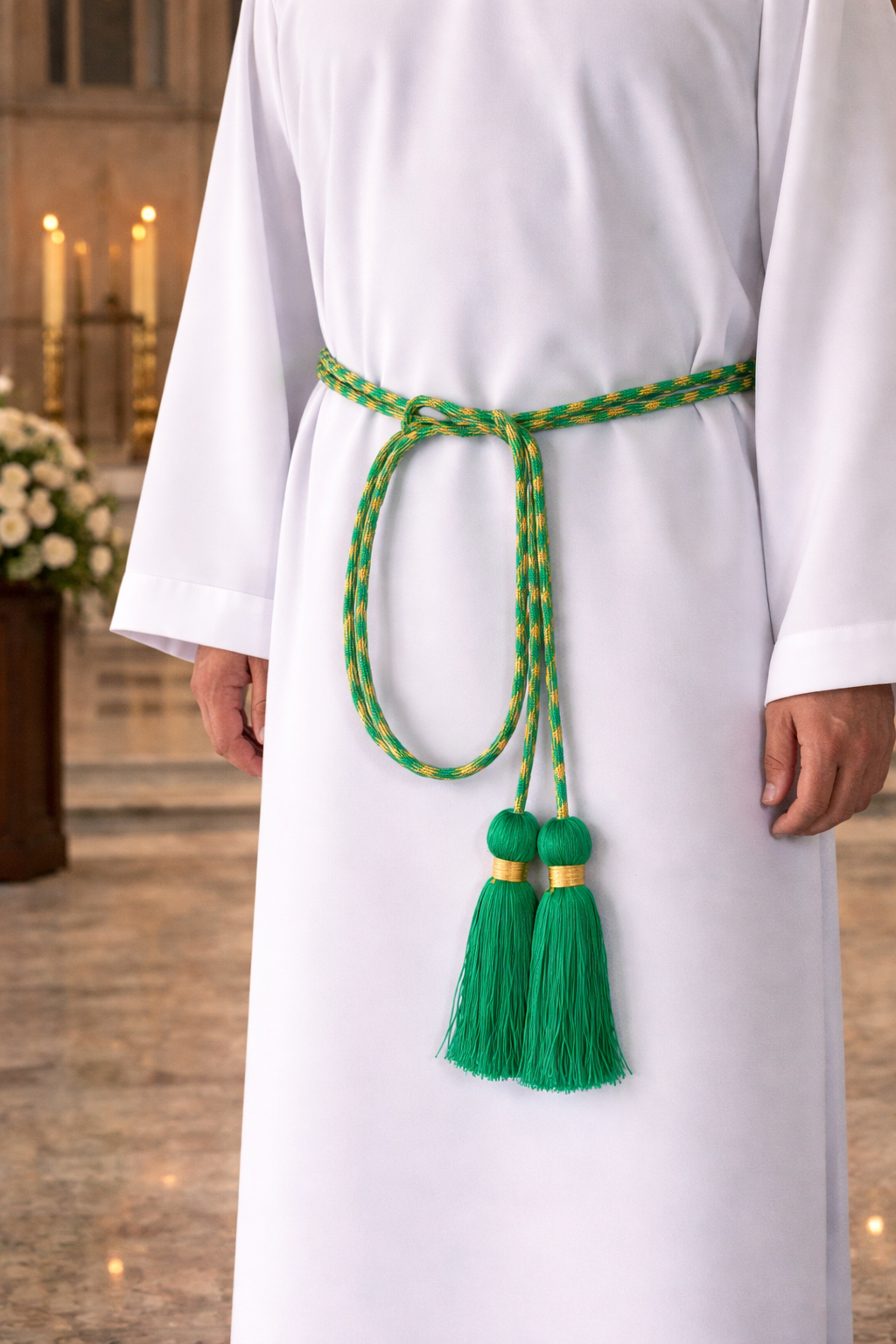 Clergy wearing a white alb with a decorative cinture featuring tassels in an indoor setting.