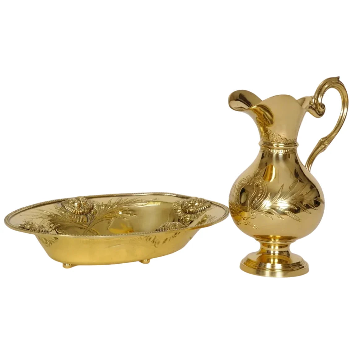Ewer and Basin  Solid Brass, Angel / Cherub medallions on basin, Nicely decorated with engraved and embossed decoration.