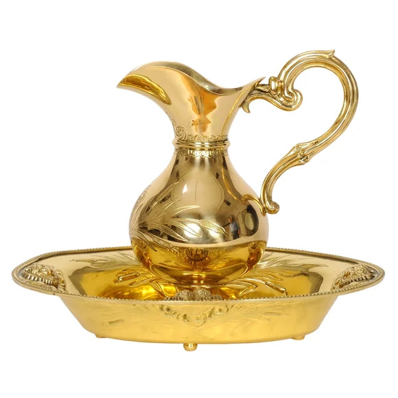 Ewer and Basin  Solid Brass, Angel / Cherub medallions on basin, Nicely decorated with engraved and embossed decoration.