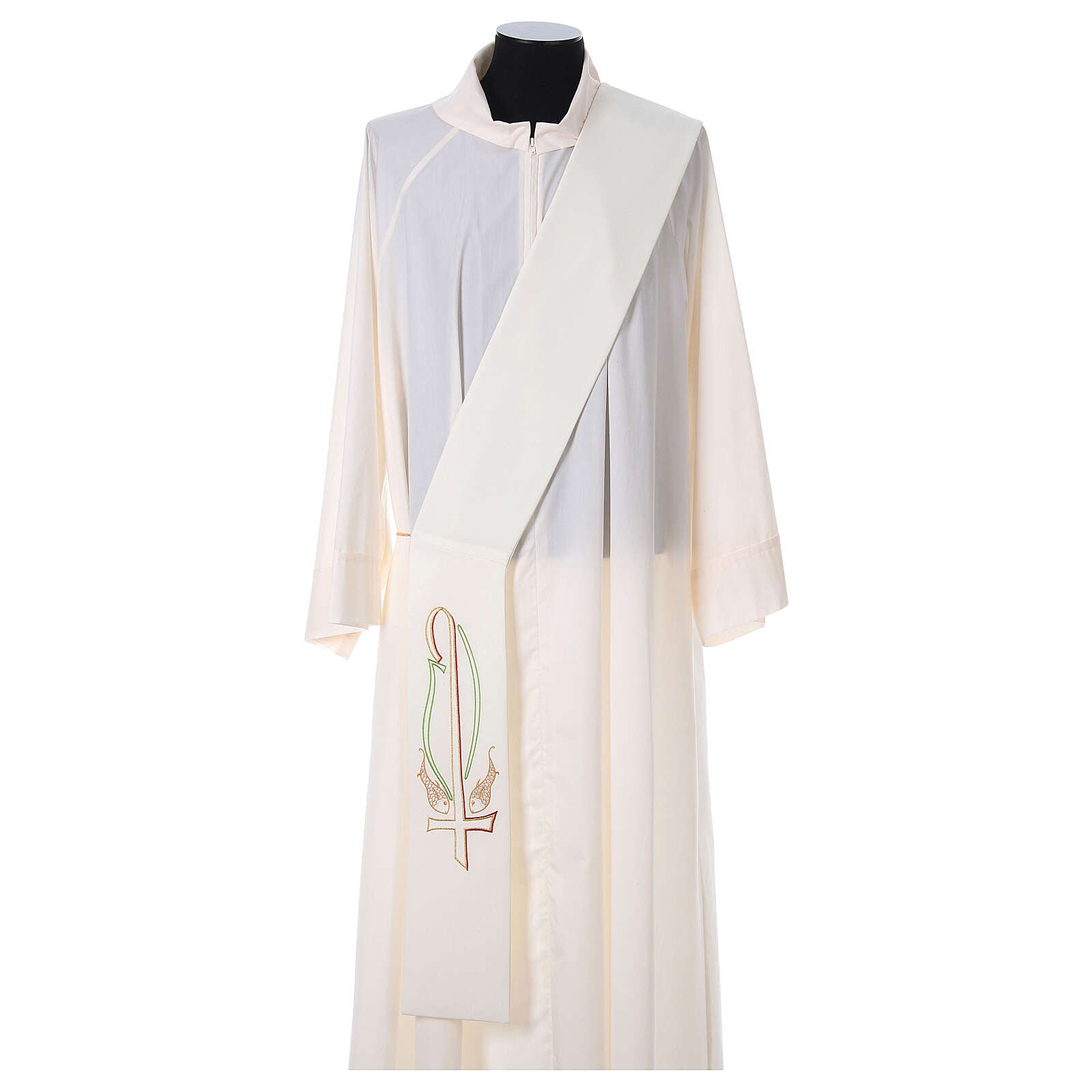 Deacon stole with cross and fish design on ivory. Made in Italy and sold by The Clergy Store