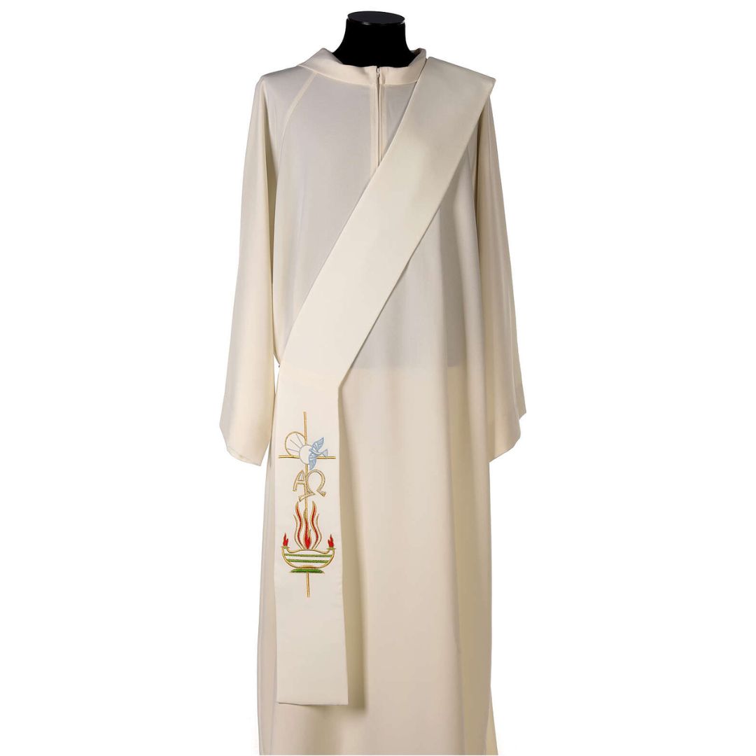 Deacon stole with Alpha & Omega design on ivory. Made in Italy and sold by The Clergy Store