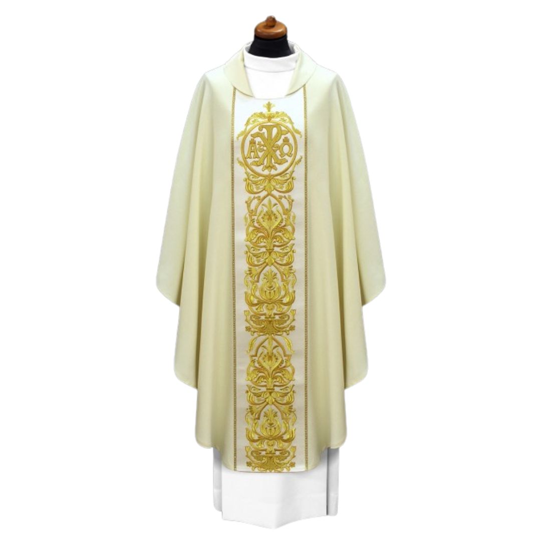 Chasuble with chi rho and alpha omega Made in Poland and sold by The Clergy Store