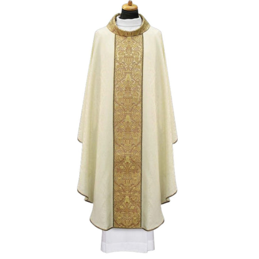 Chasuble with brocade orphrey on lightweight damask. Made in Poland and sold by The Clergy Store