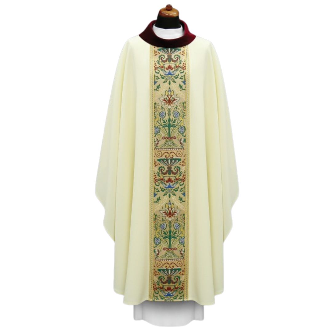 Chasuble with classic coronation orphrey. Made in Poland and sold by The Clergy Store