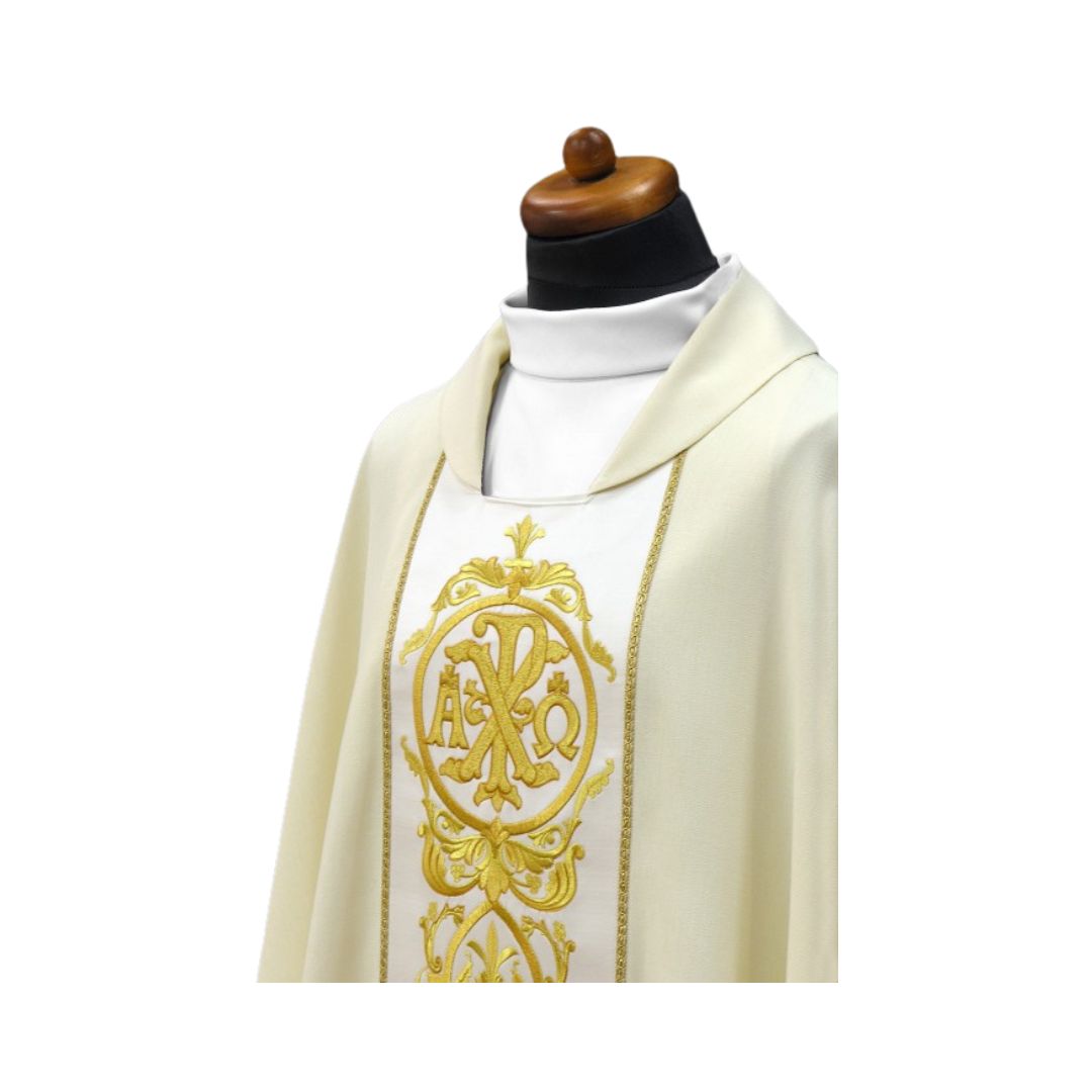 Chasuble with chi rho and alpha omega Made in Poland and sold by The Clergy Store