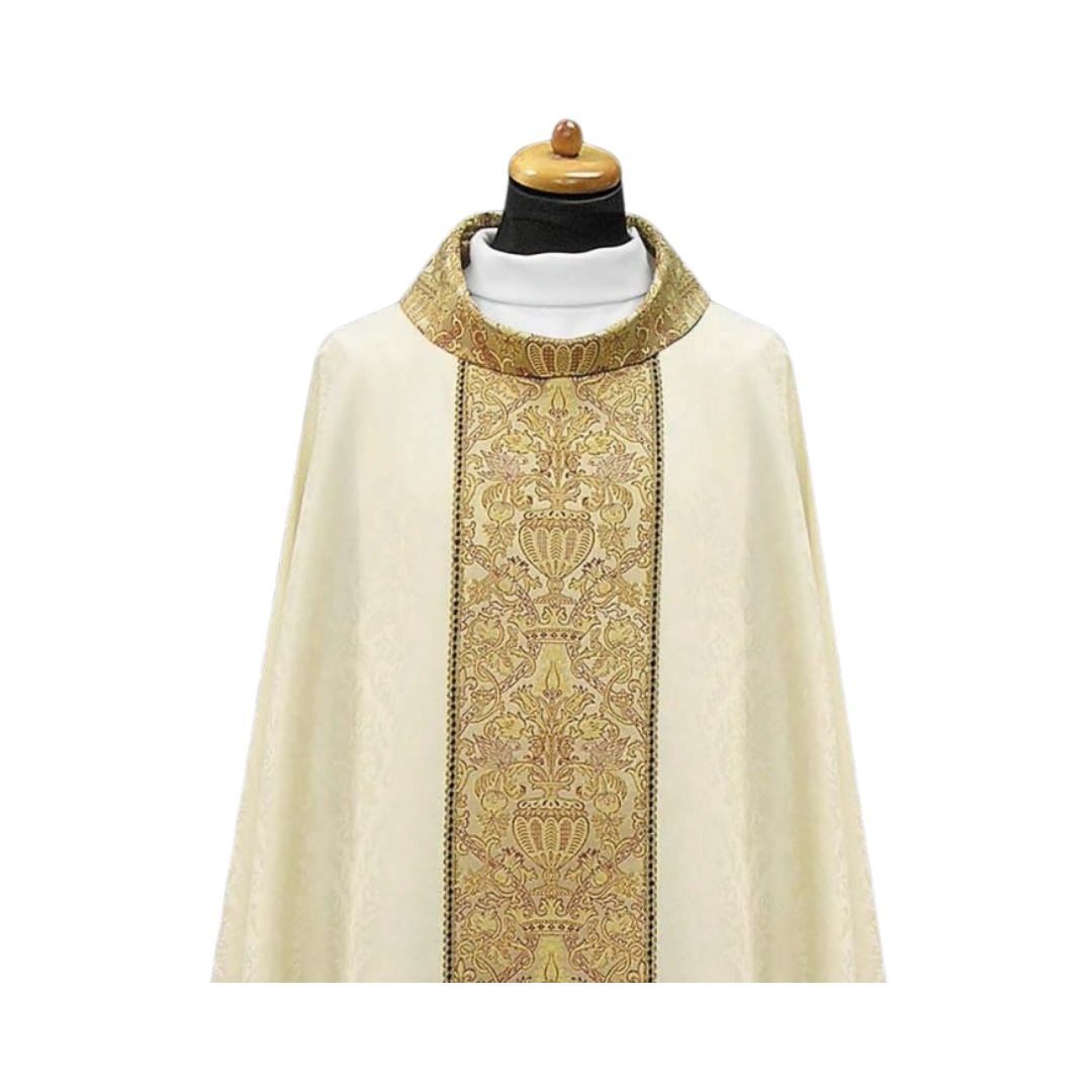 Chasuble with brocade orphrey on lightweight damask. Made in Poland and sold by The Clergy Store