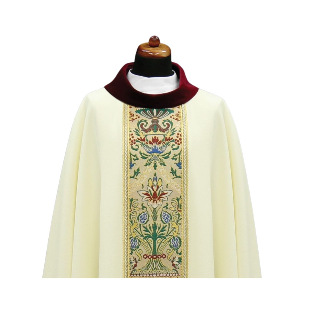 Chasuble with classic coronation orphrey. Made in Poland and sold by The Clergy Store