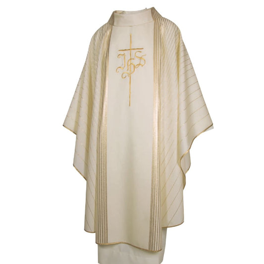 Clergy chasuble with IHS embroidery on lightweight wool with gold lurex. Made in Italy and sold by The Cergy Store