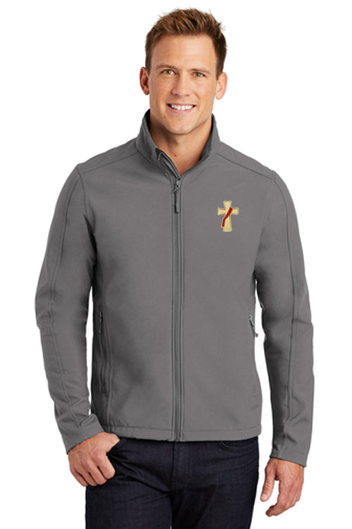 Lightweight all weather jacket with embroidered deacons cross in deep smoke color.