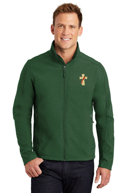 Lightweight all weather jacket with embroidered deacons cross in forest green color.