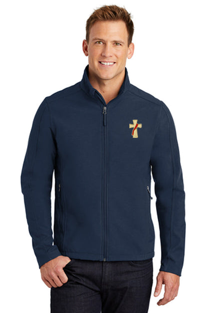 Lightweight all weather jacket with embroidered deacons cross in navy blue color.