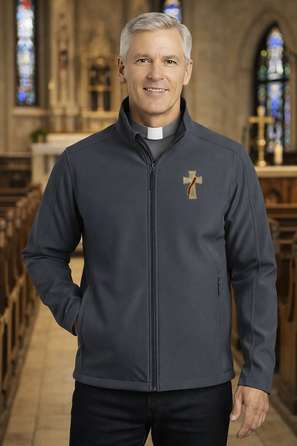 Man wearing a gray deacon jacket with a logo in a church setting