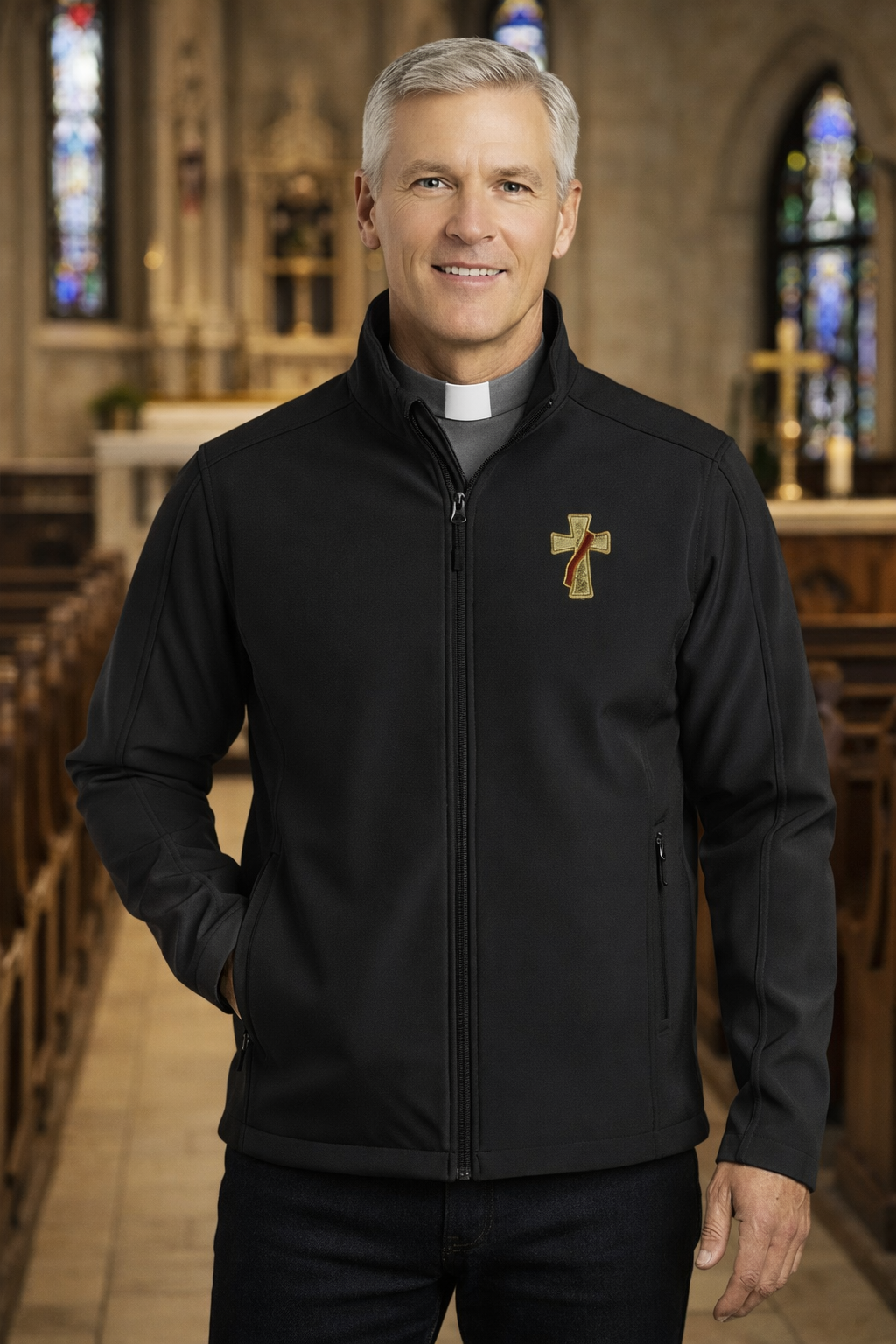 Man wearing a black deacon jacket with a logo in a church setting