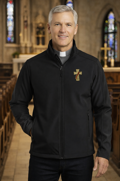 Man wearing a black deacon jacket with a logo in a church setting