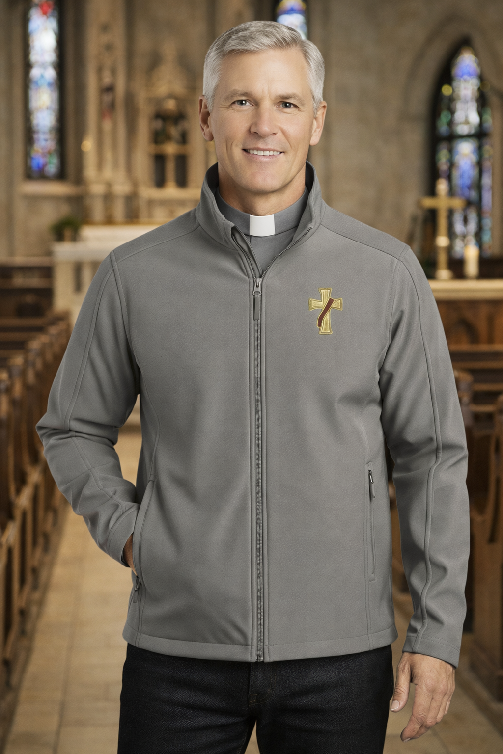 Man wearing a gray deacon jacket with a logo in a church setting