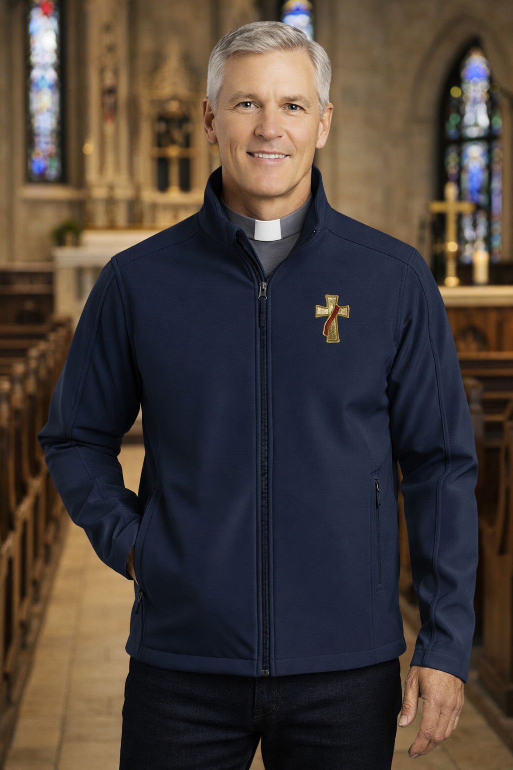 Man wearing a navy blue deacon jacket with a logo in a church setting