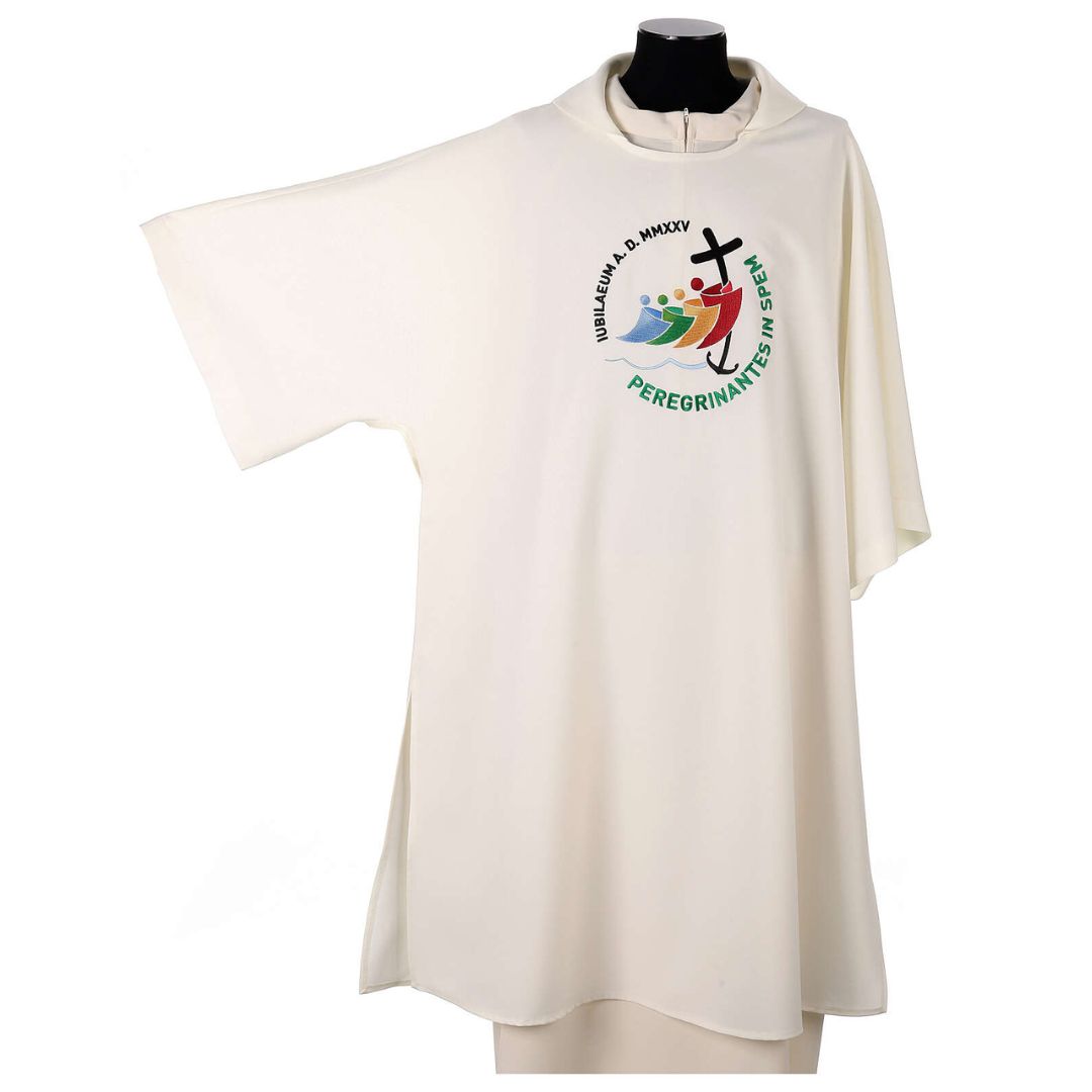 Dalmatic with embroidered Jubilee 2025 official logo. Made in Italy and Sold by The Clergy Store