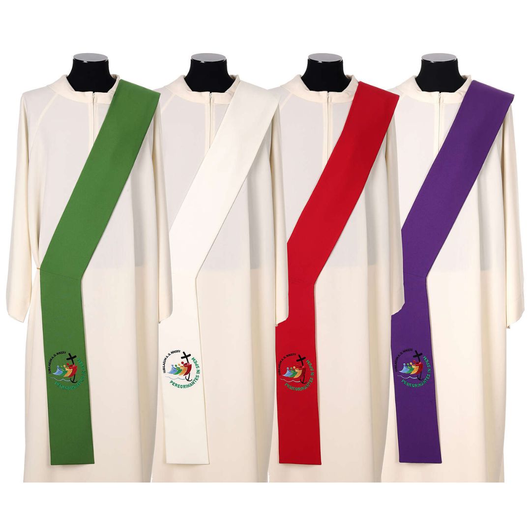 Deacon or Priest overlay stoles with embroidered official Jubilee 2025 logo. Made in Italy and sold by The Clergy Store