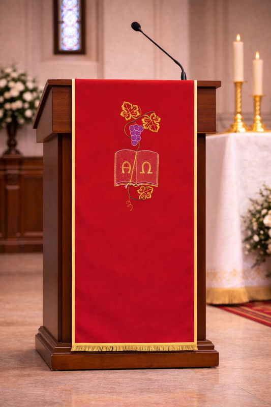 Red liturgical lectern cover with Alpha and Omega embroidery, grapevine design, and gold trim for church ambo or pulpit.