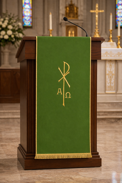 Lectern cover with embroidered Alpha Omega & Chi Rho. Made by Desta and sold by The Clergy Store
