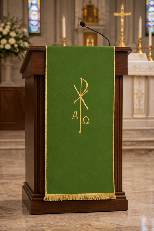 Lectern cover with embroidered Alpha Omega & Chi Rho. Made by Desta and sold by The Clergy Store