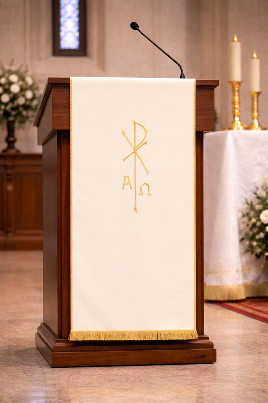 Lectern cover with embroidered Alpha Omega & Chi Rho. Made by Desta and sold by The Clergy Store