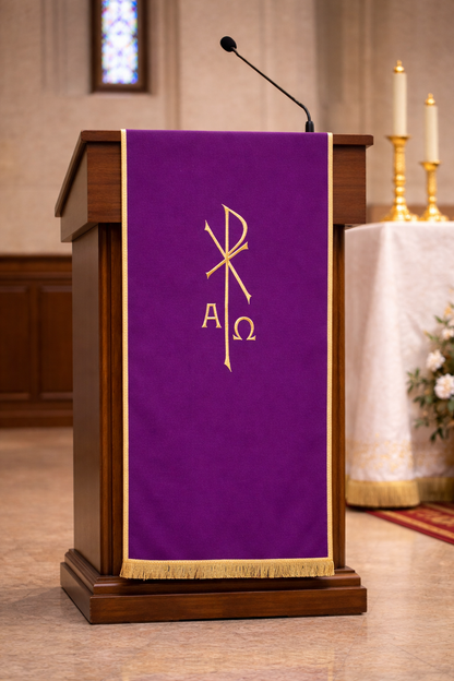 Lectern cover with embroidered Alpha Omega & Chi Rho. Made by Desta and sold by The Clergy Store