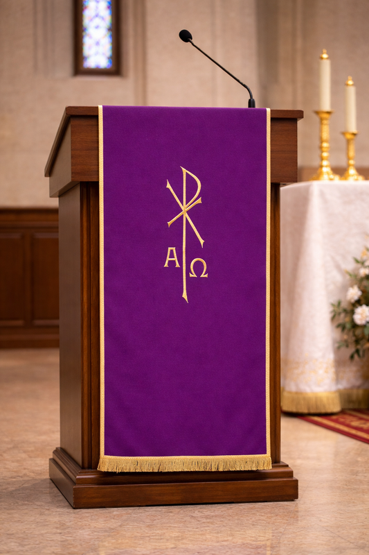 Lectern cover with embroidered Alpha Omega & Chi Rho. Made by Desta and sold by The Clergy Store