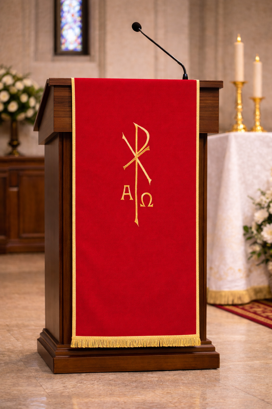 Lectern cover with embroidered Alpha Omega & Chi Rho. Made by Desta and sold by The Clergy Store