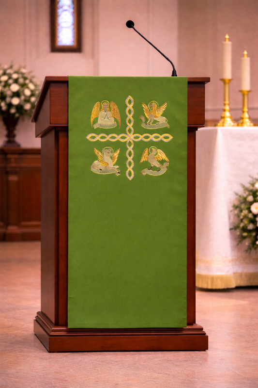 Green liturgical lectern cover with the four evangelist embroidery for church ambo or pulpit.