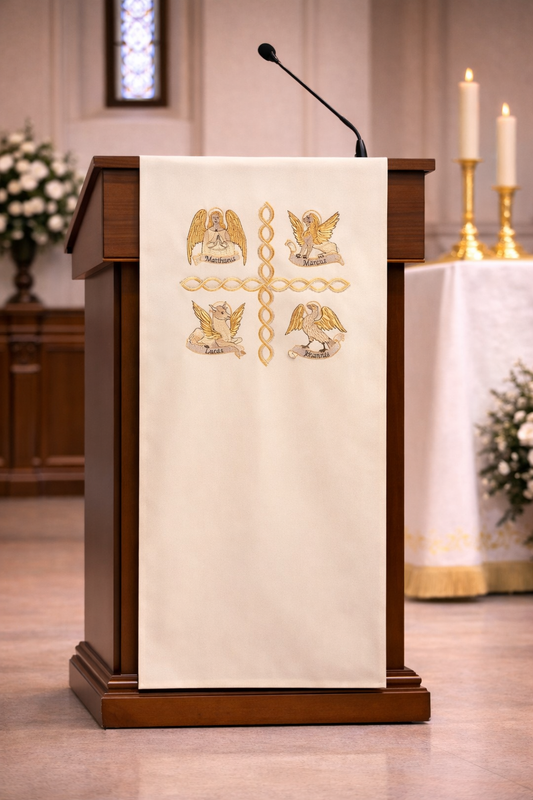 Ivory liturgical lectern cover with the four evangelist embroidery for church ambo or pulpit.