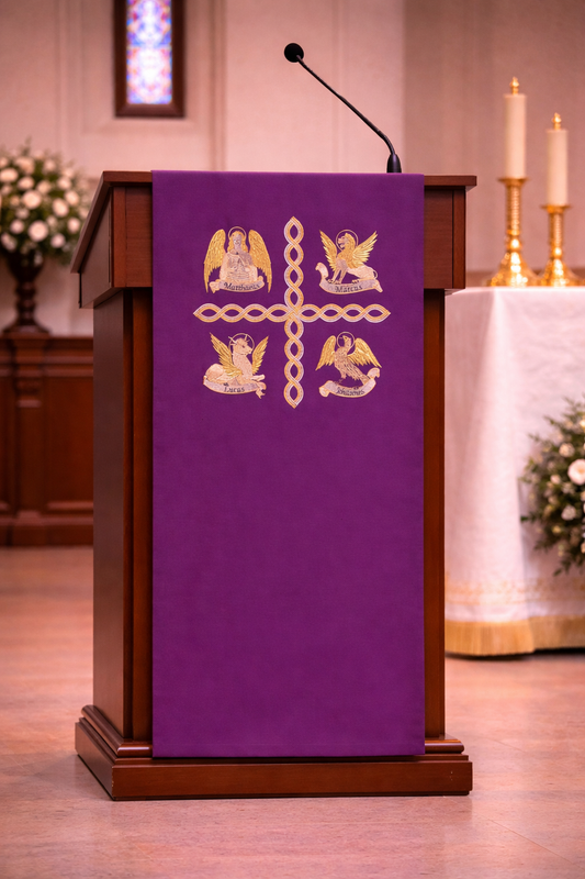 Purple liturgical lectern cover with the four evangelist embroidery for church ambo or pulpit.