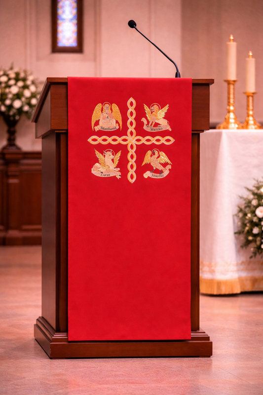 Red liturgical lectern cover with the four evangelist embroidery for church ambo or pulpit.