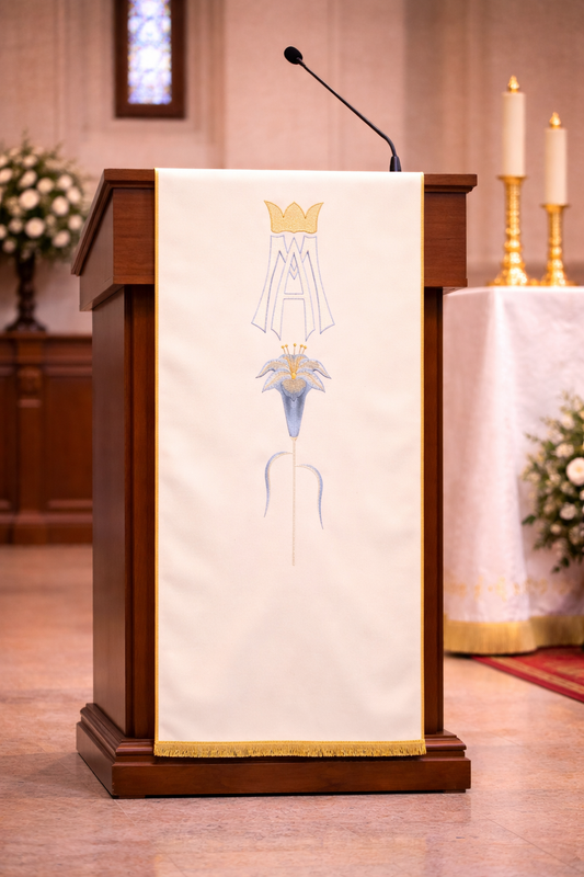 Lectern cover with embroidered Ava Maria with Lilly's design. Made by Desta and sold by The Clergy Store