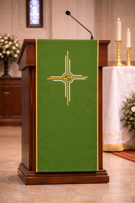 Lectern cover with embroidered Cipriano design. Made by Desta and sold by The Clergy Store
